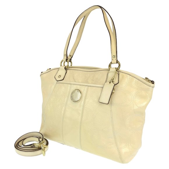 COACH Signature Cream Beige Enamel F19197 2way Shoulder Bag Tote Crossbody fo... - Picture 1 of 10